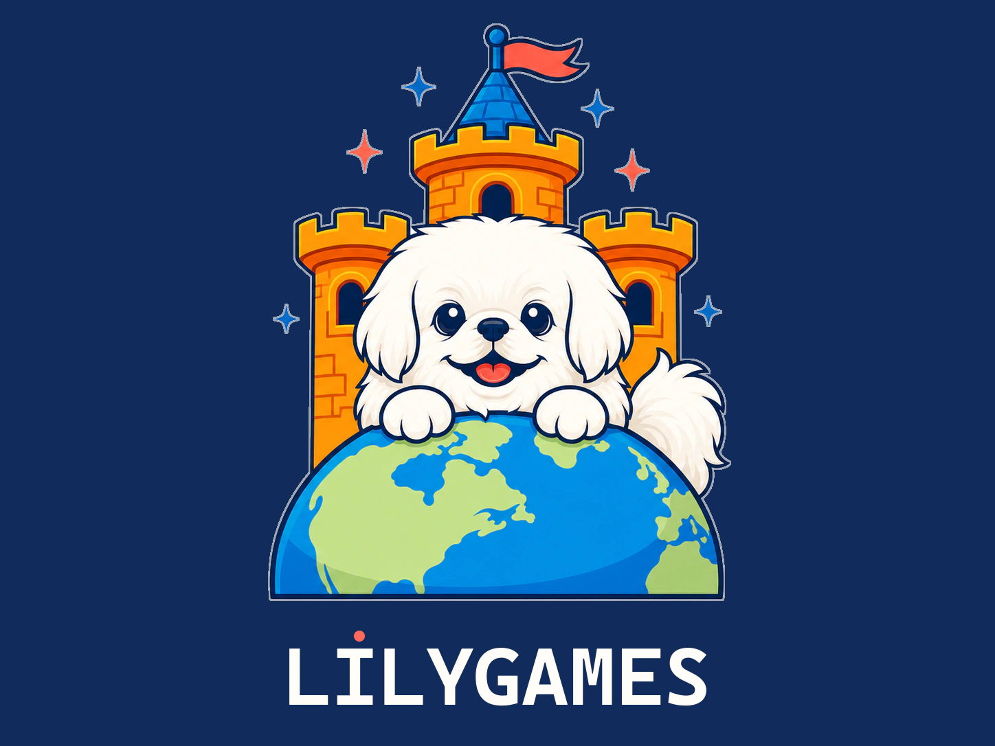 짙은 남색 배경에 흰 강아지와 지구, 성을 셀 애니메이션 스타일로 그린 LILYGAMES 로고