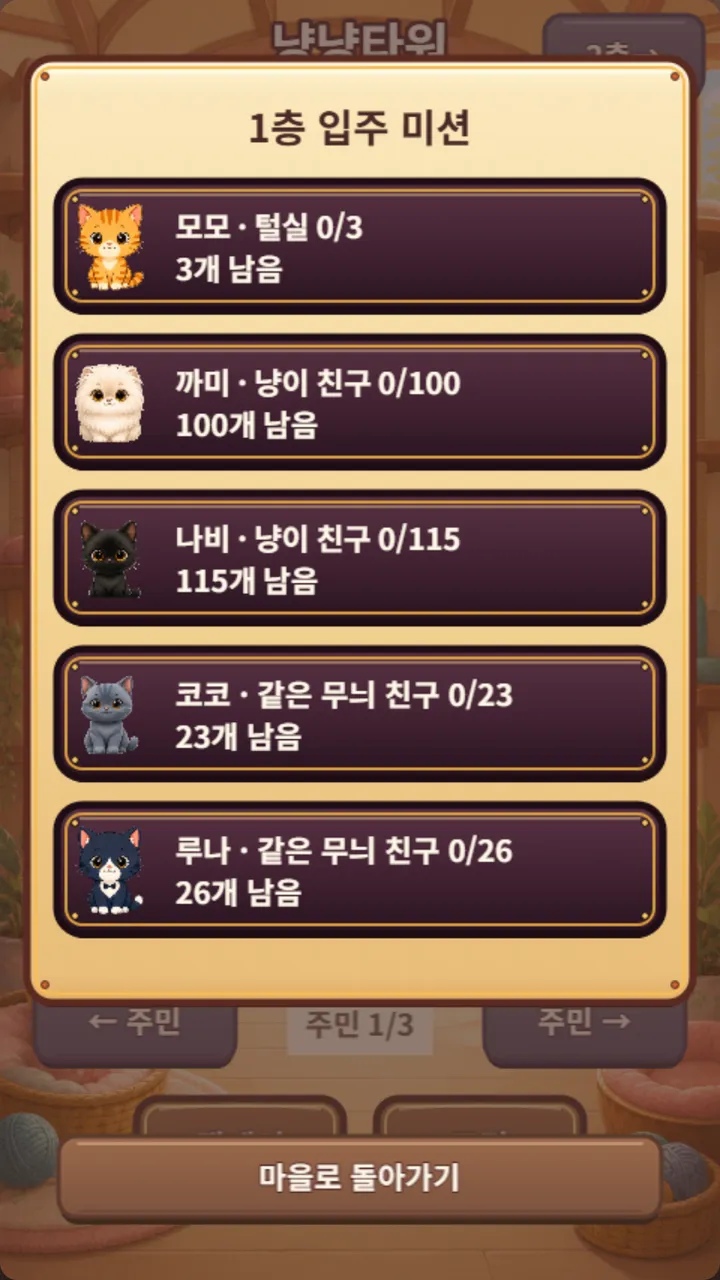 새로운 고양이 주민을 맞이하기 위한 입주 미션 화면