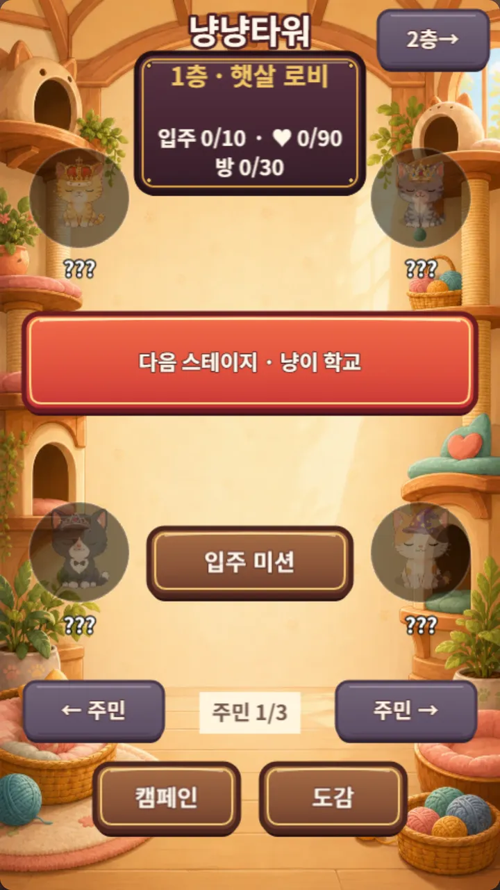 고양이 호텔의 층과 주민을 살펴보는 냥냥타워 화면